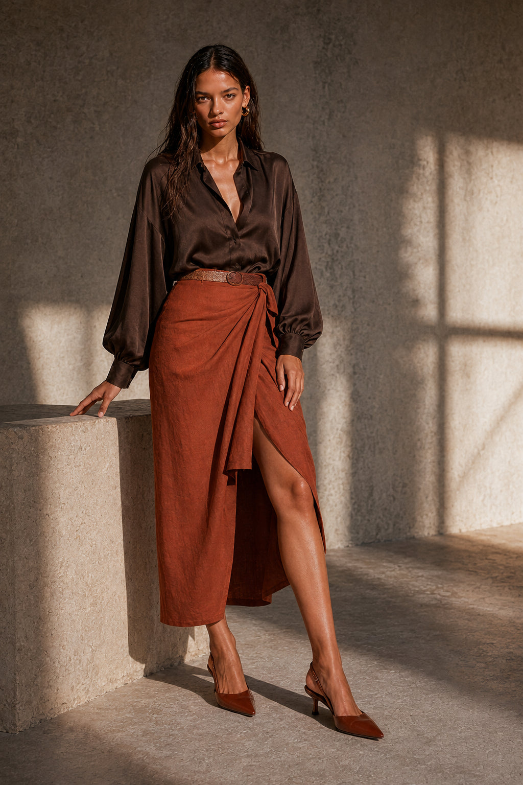 Silky Wrap Shirt Skirt Set