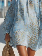Romantisches, langärmeliges, schulterfreies Mini-Chiffonkleid mit Leopardenmuster in Blau