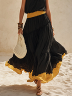 Black Chiffon Halter Neck Loose Yellow Fitted Waist Sleeveless Maxi Dress