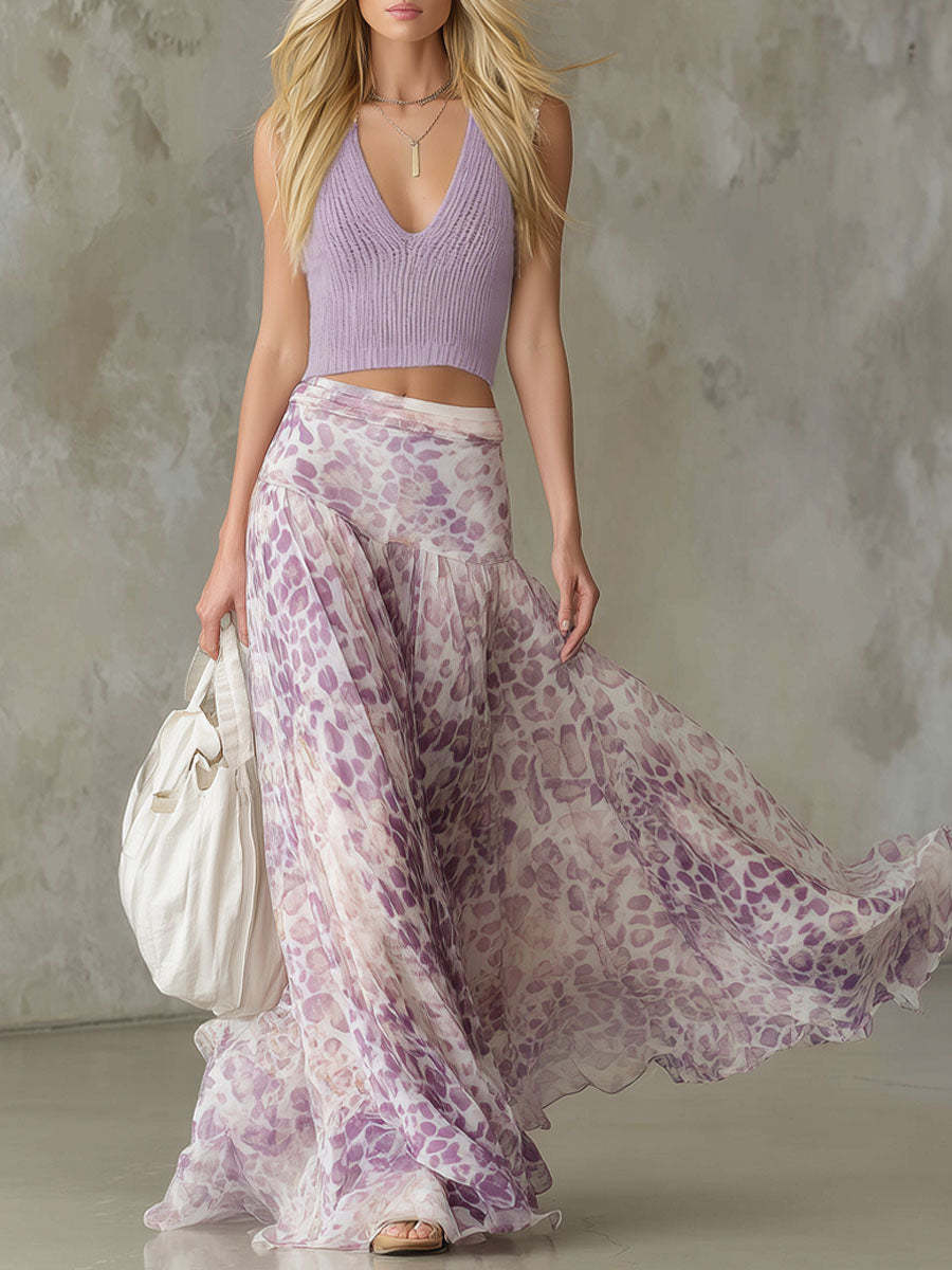 Lavender Printed Chiffon Maxi Skirt with Flowy Layered Design for Women