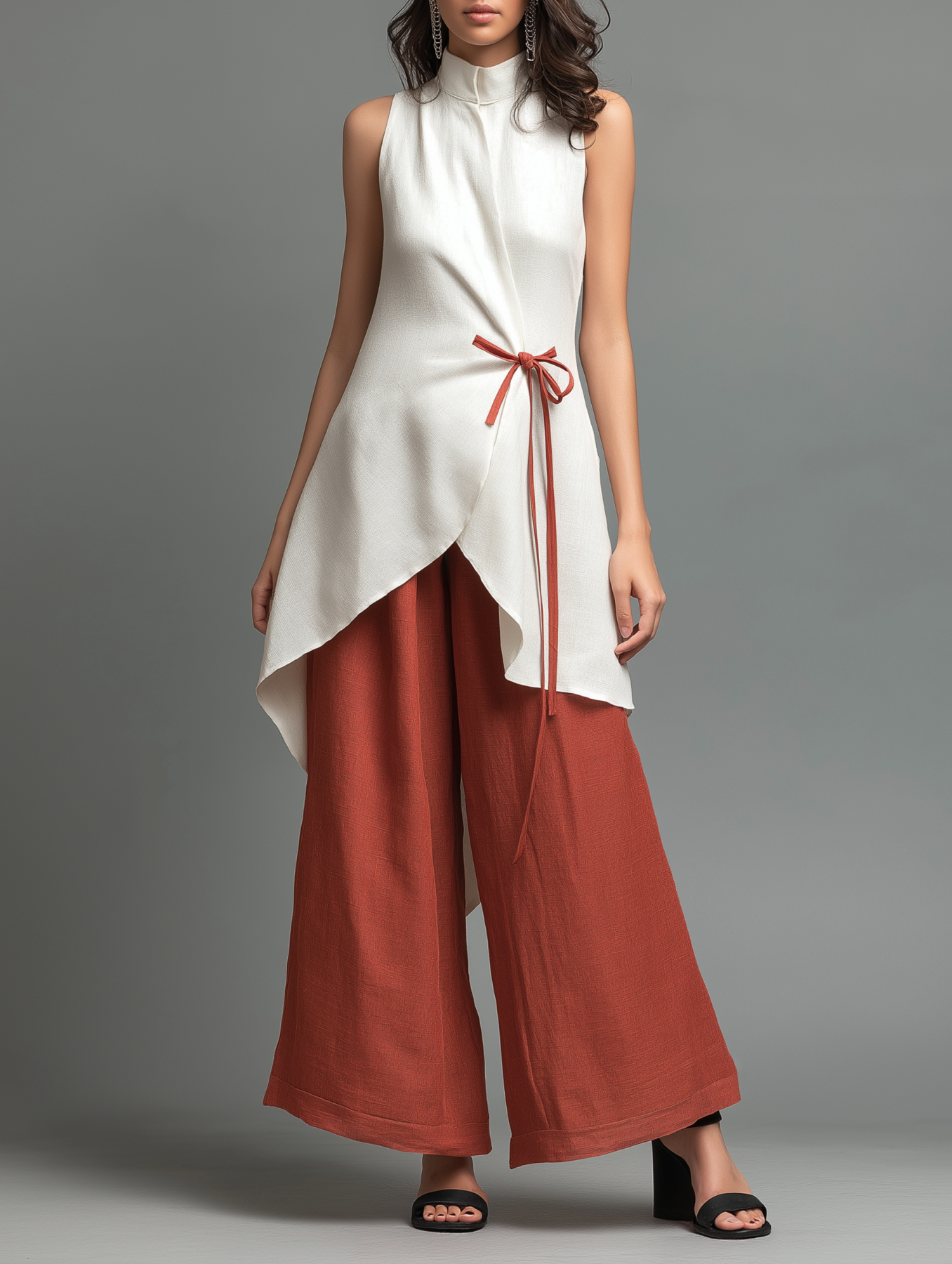 Linen Blend Asymmetric Sleeveless Top with Drawstring Waist and Wide Leg Pants Set