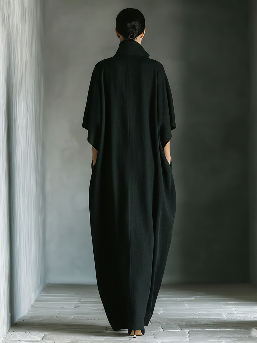 Linen Maxi Dress for Women - Elegant Long Flowy Cape Sleeve V-Neck Boho Style Black Robe Dress with Pockets