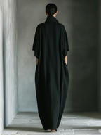 Vestido largo de lino para mujer - Elegante vestido largo fluido estilo bohemio con mangas tipo capa y escote en V, color negro, con bolsillos.