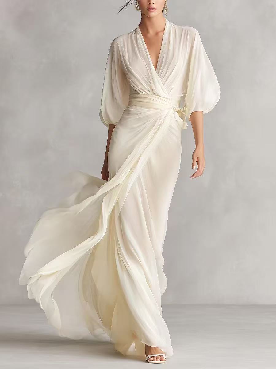Ruched Wrap V Neck Flowy Maxi Dress