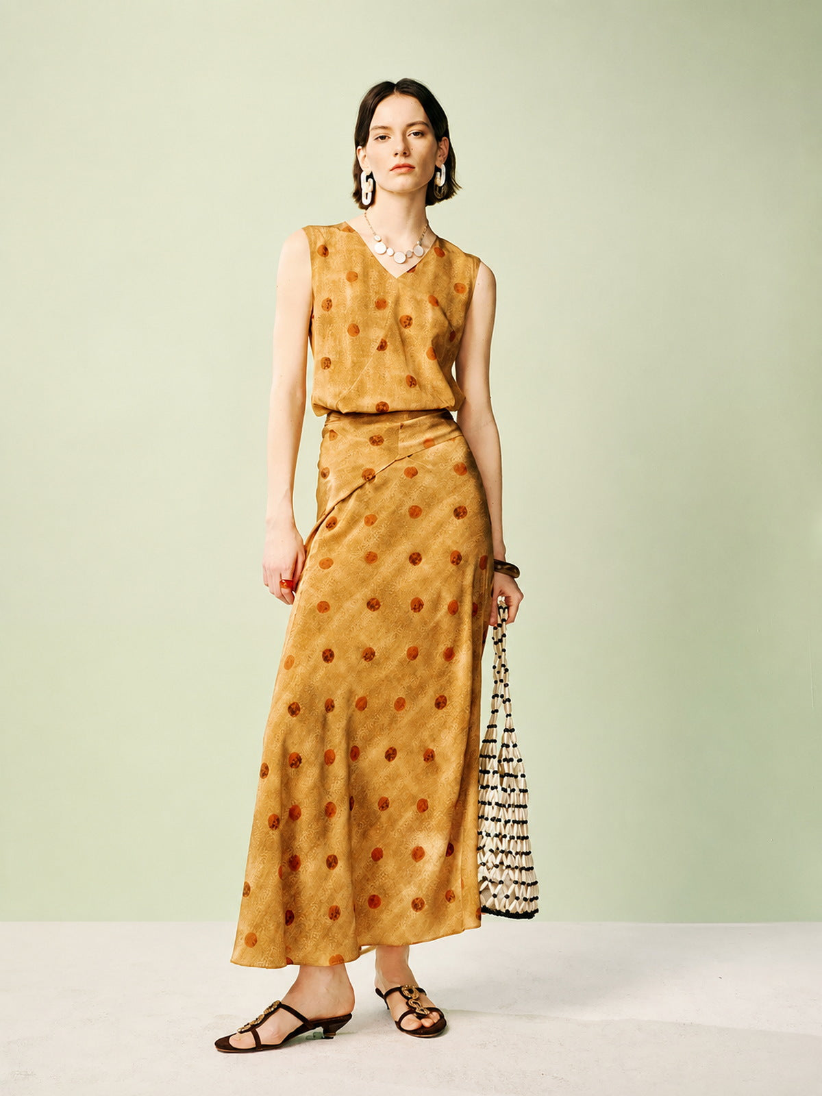 Polka Dot Tie-Waist Silk Satin Maxi Dress