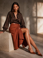 Silky Wrap Shirt Skirt Set