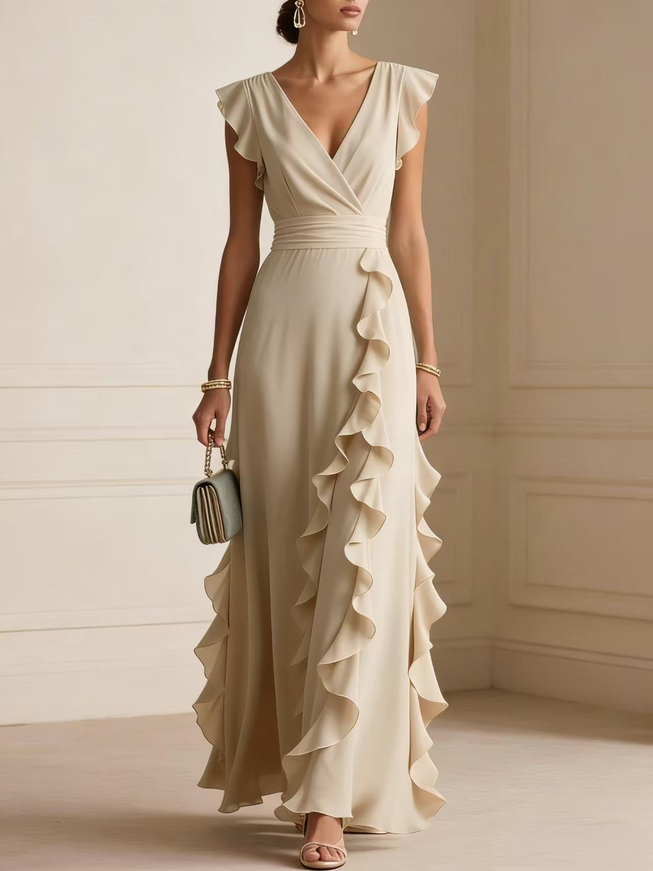 Silk V-Neck Ruffle Wrap Maxi Dress