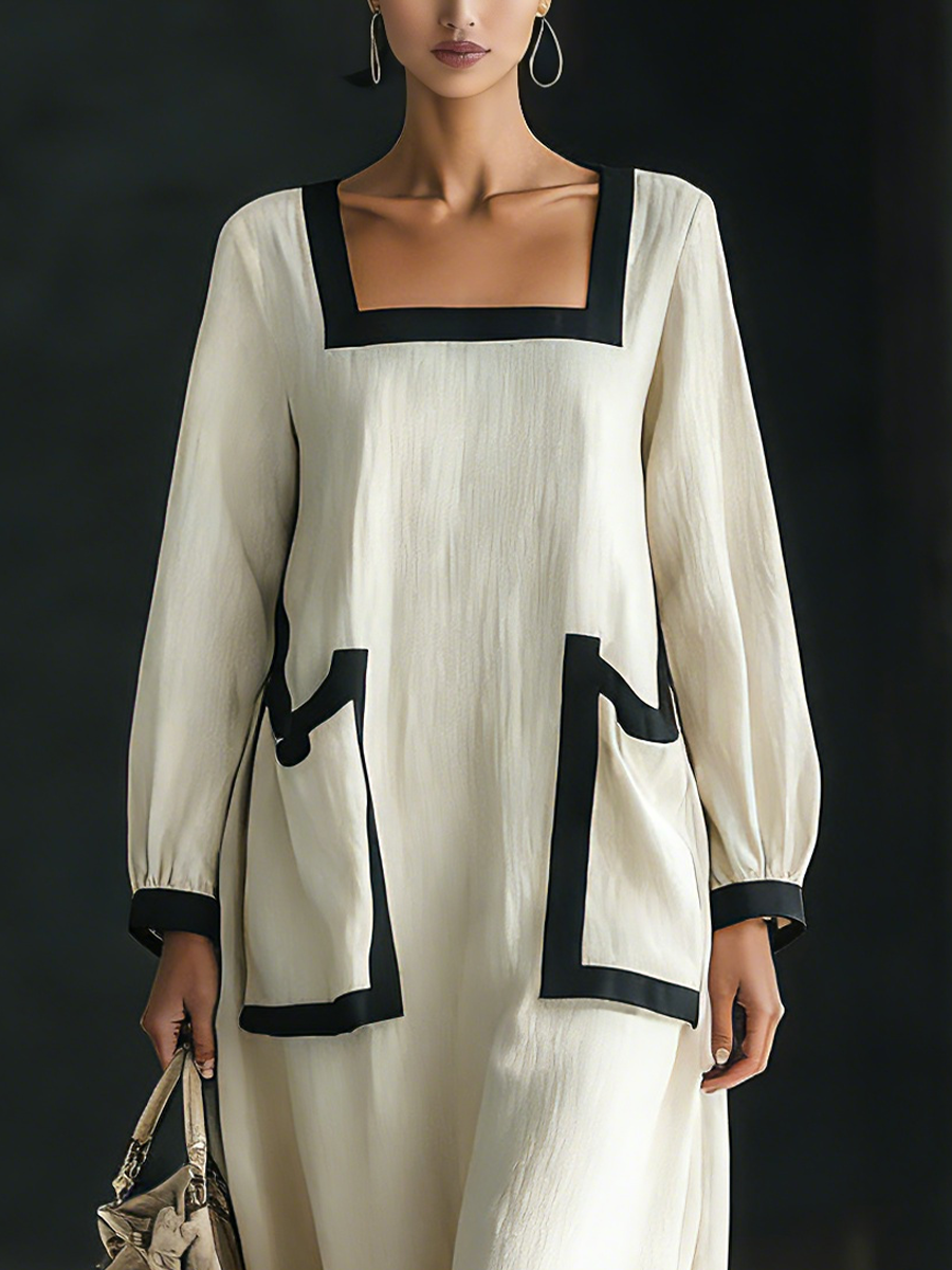 Linen Maxi Dress with Black Trim Square Neckline Long Sleeve Loose Fit Boho Style Women's Summer Dress