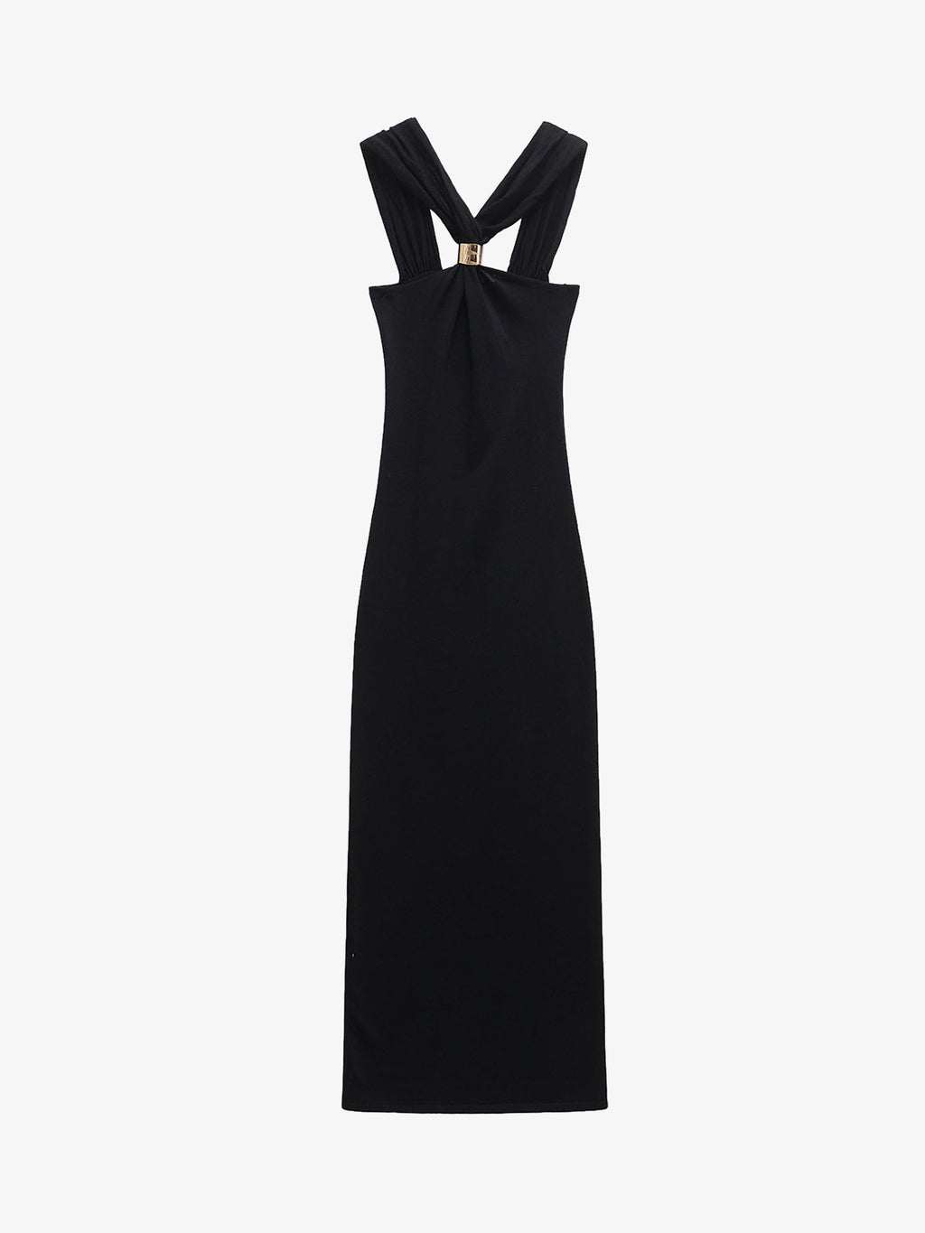 Black Halter Neck Buckle Midi Dress