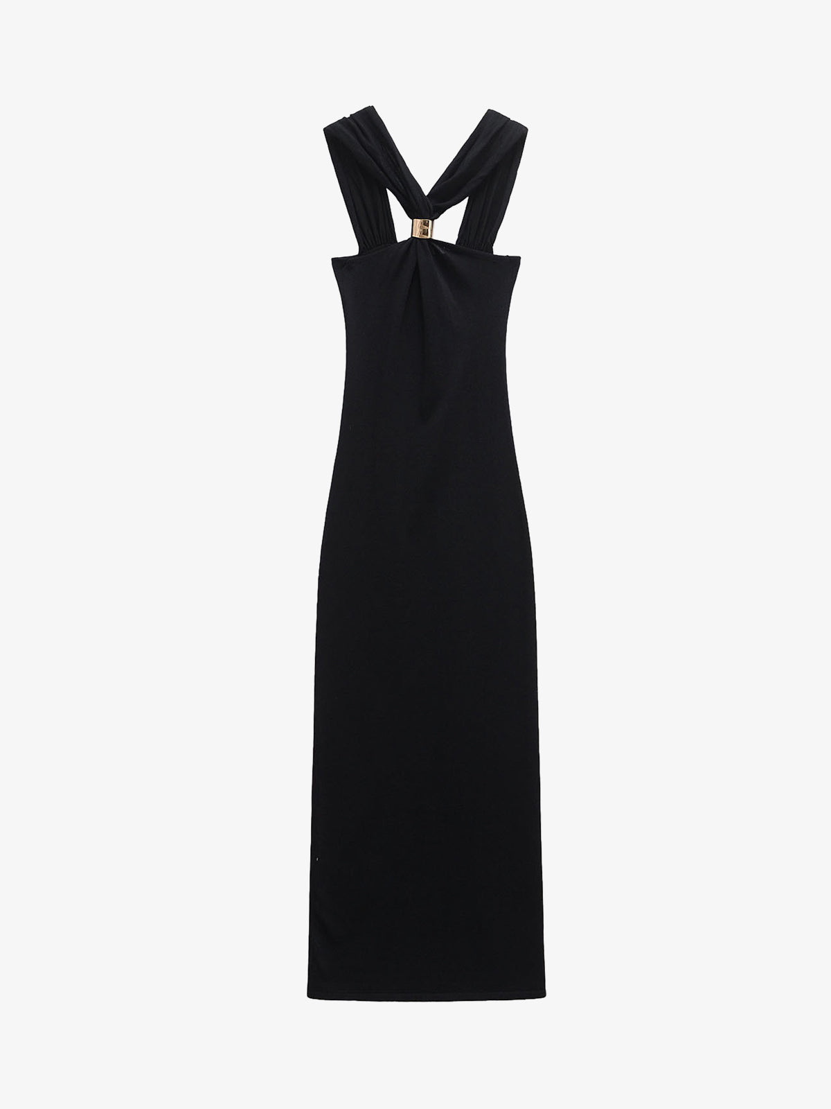 Black Halter Neck Buckle Midi Dress