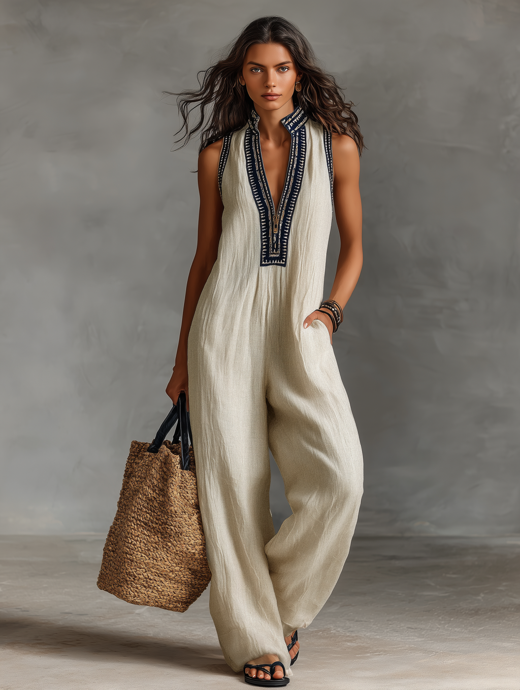 Sleeveless Embroidered V Neck Loose Wide Leg Jumpsuit