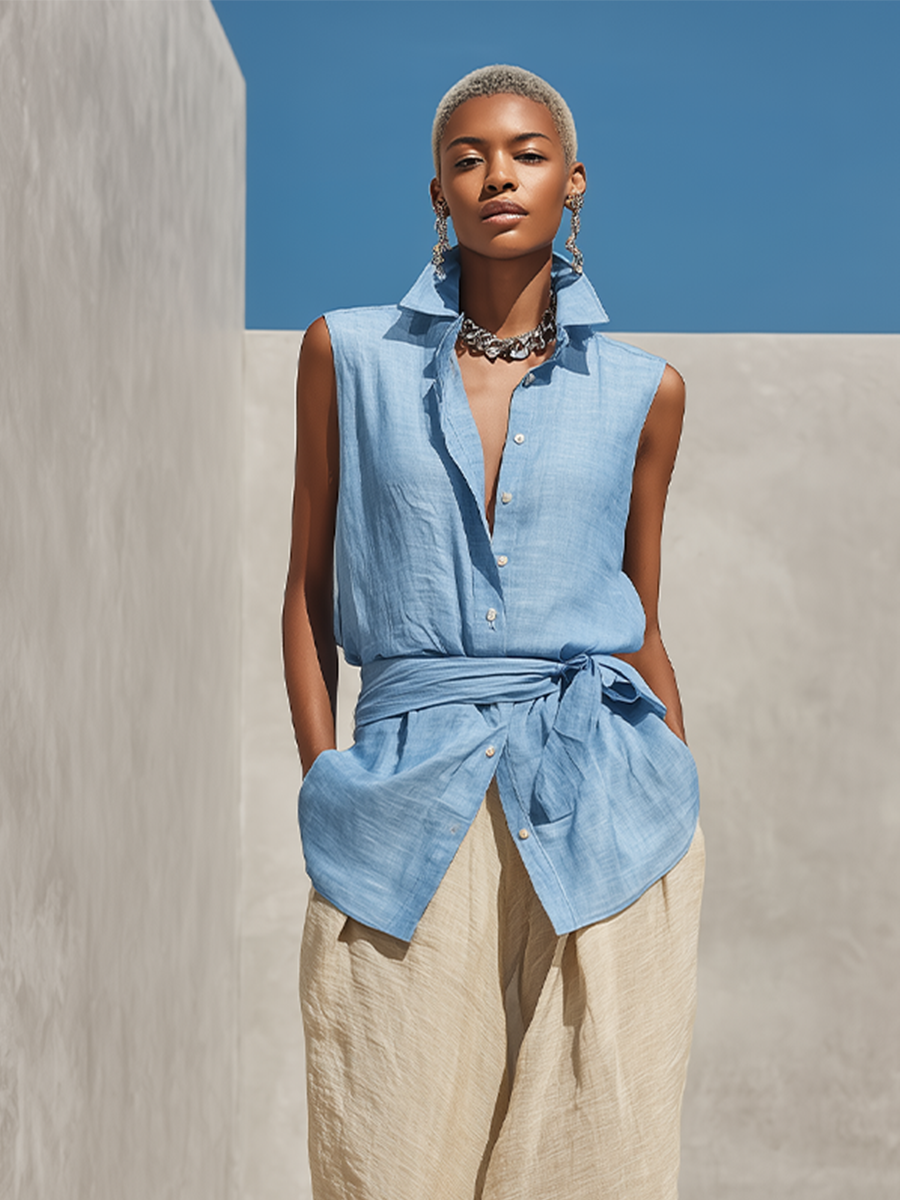 Linen Sleeveless Button-Down Top with Tie Waist and Beige Linen Midi Skirt Set