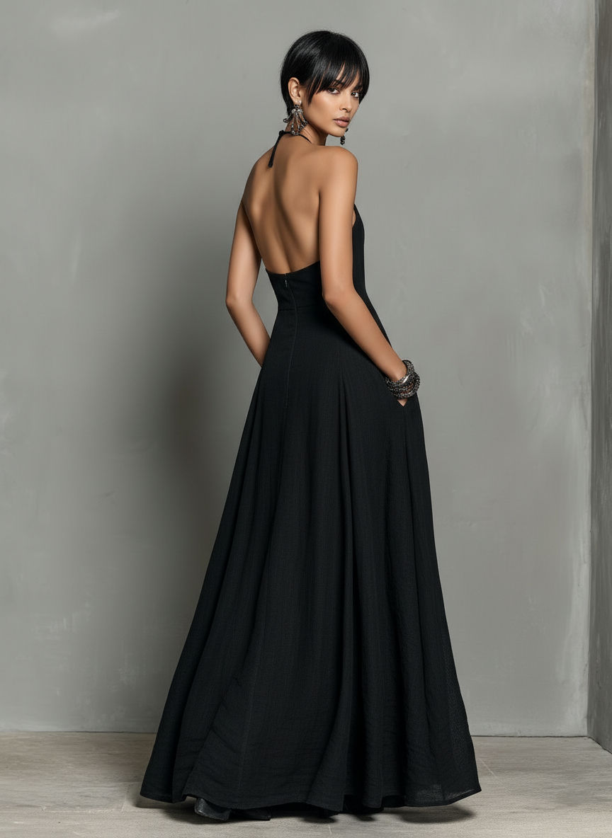 Black Linen Halter Maxi Dress with Flowing Skirt and Side Pockets