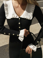 Französisches Midi-Strickkleid mit Rüschenkragen