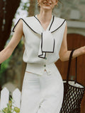 Contrast-Trim Sailor Collar Knit Cardigan