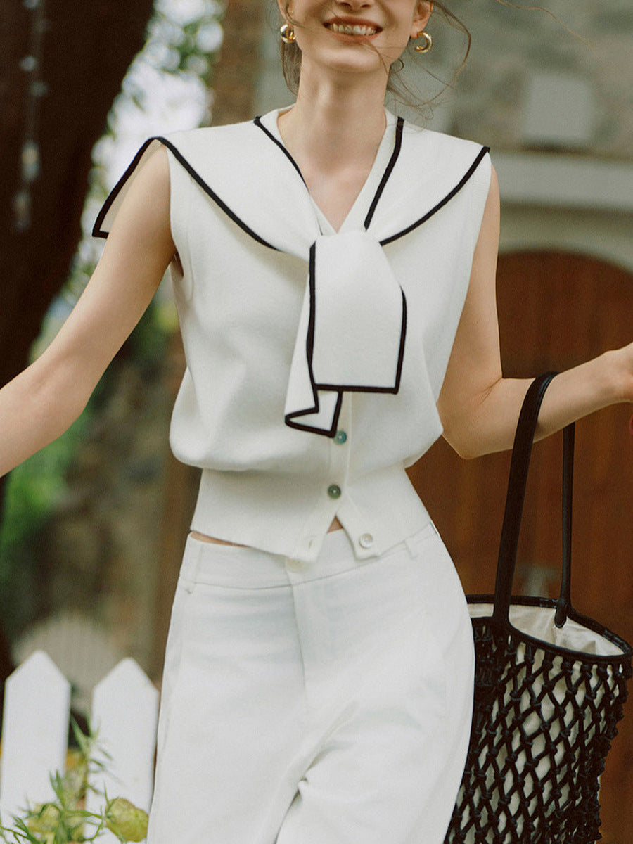 Contrast-Trim Sailor Collar Knit Cardigan