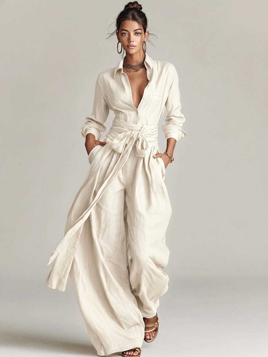 Linen Wide Leg Jumpsuit with Belted Waist and Button-Down Collar