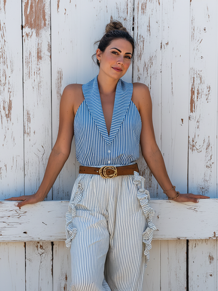 Cotton Linen Blend Striped Sleeveless Top and Wide Leg Pants Set with Ruffle Details