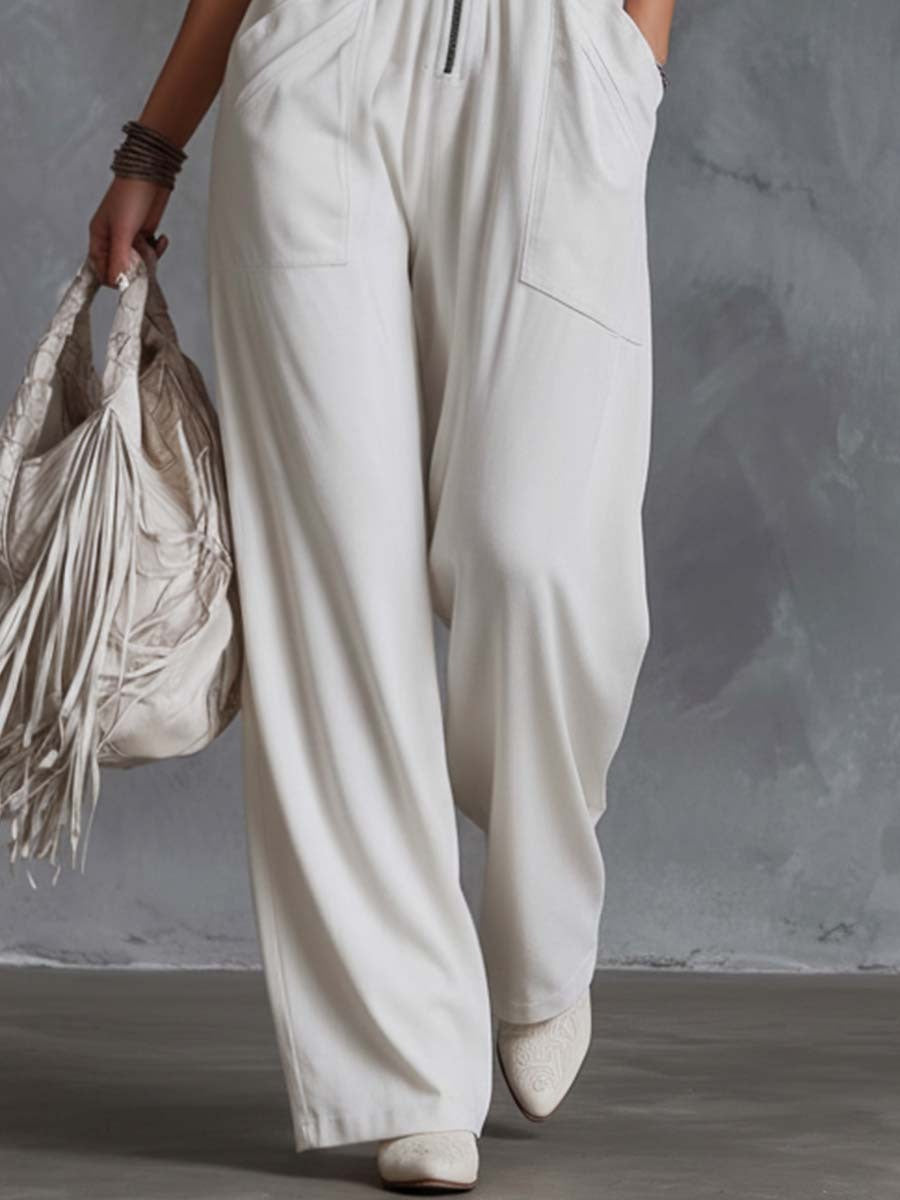 Cotton Linen Fringe Sleeveless Jumpsuit with Zipper Front and Wide Leg Design