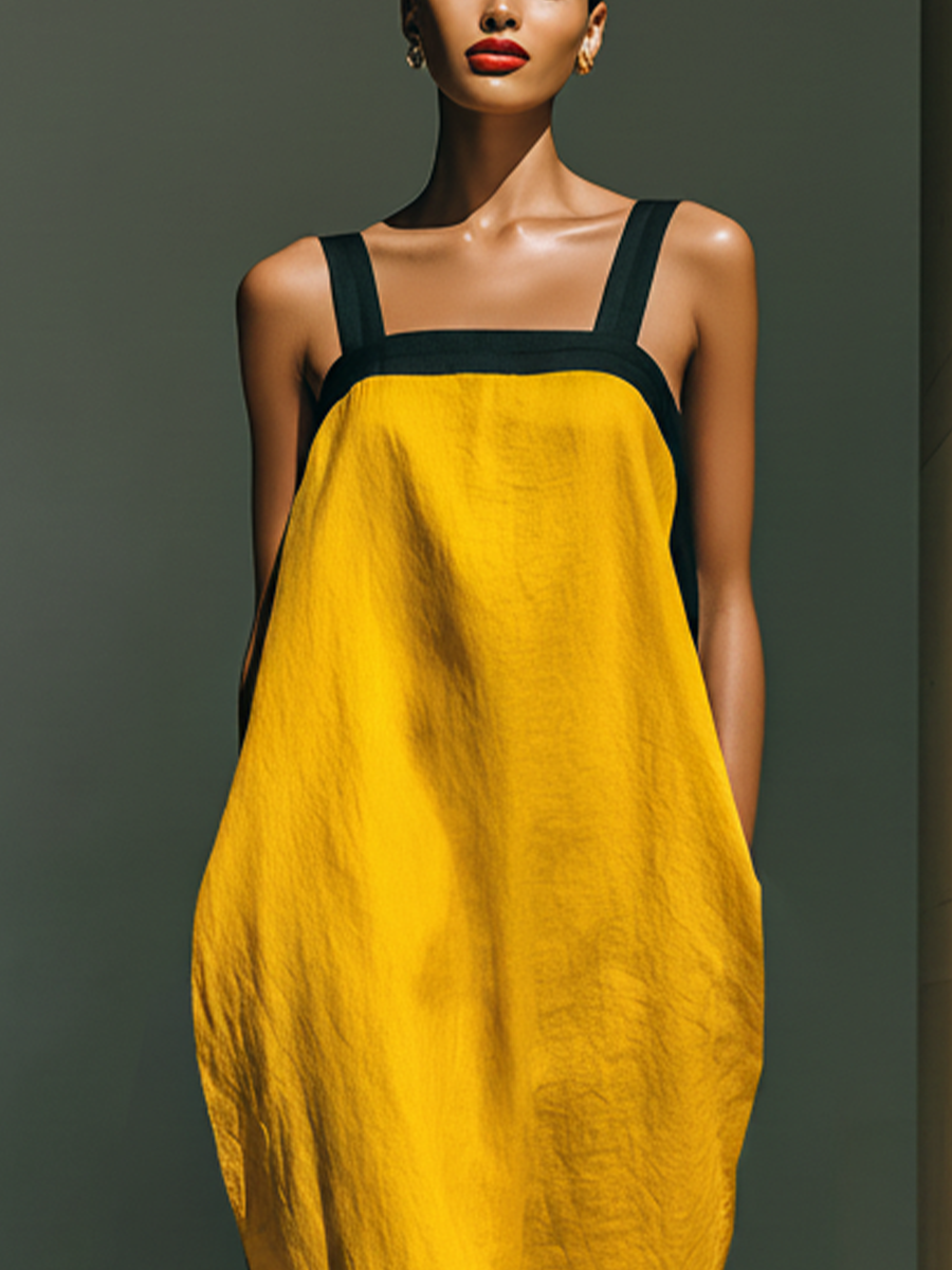 Linen Maxi Dress with Tassel Hem and Square Neckline