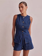 Denim Waist Cinch Shorts Set