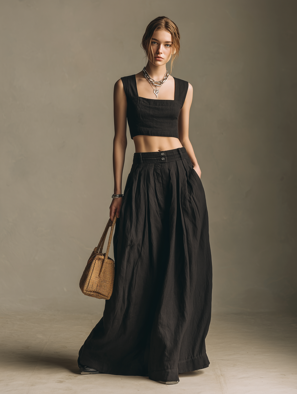 Linen Maxi Skirt with High Waist and Pleated Design - Flowing Black Long Skirt for Women
