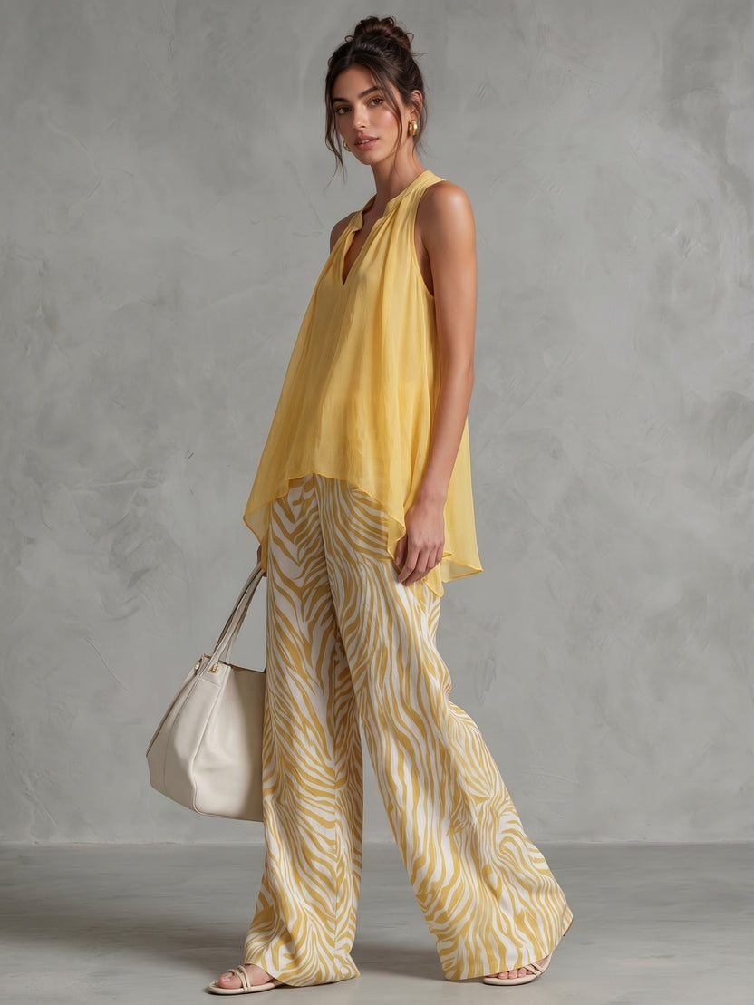 Chiffon Sleeveless V-Neck Top with Zebra Print Wide Leg Pants Set