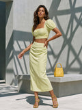 Lightweight Linen Two-Piece Set with Puff Sleeve Crop Top and Draped Midi Skirt