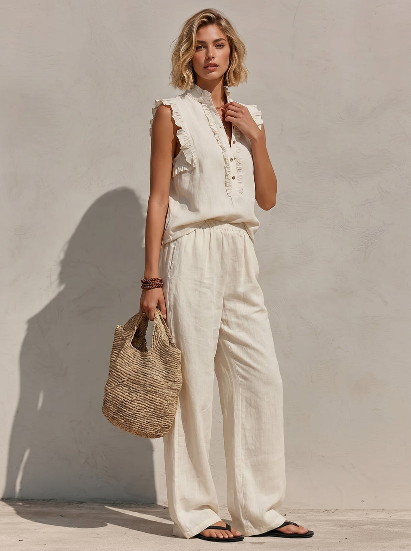 Linen Sleeveless Ruffle Top with Button Front and Wide Leg Pants Set