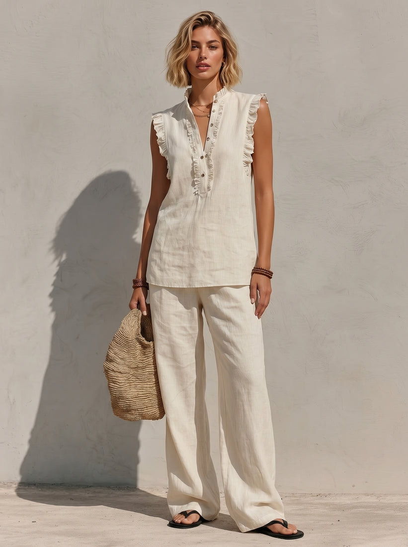 Linen Sleeveless Ruffle Top with Button Front and Wide Leg Pants Set