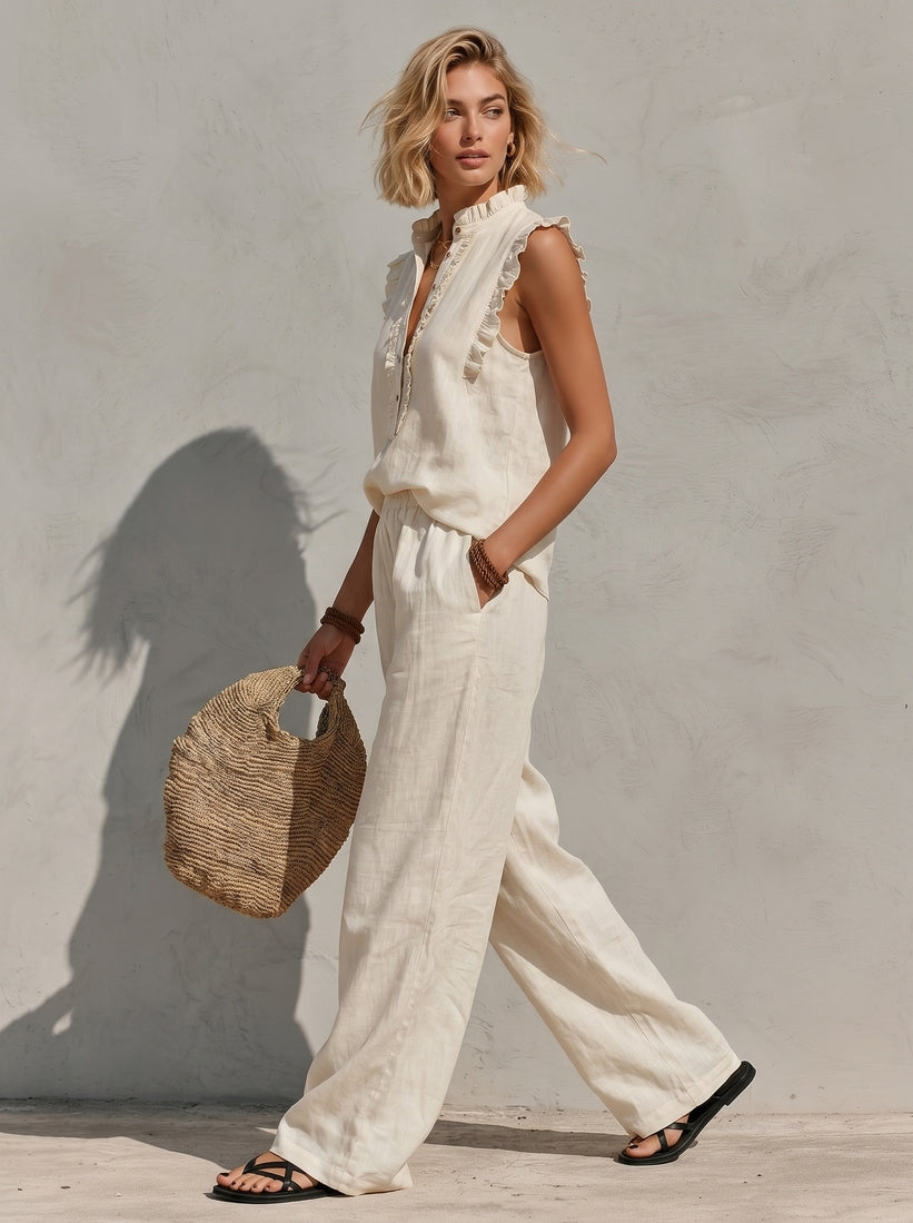 Linen Sleeveless Ruffle Top with Button Front and Wide Leg Pants Set