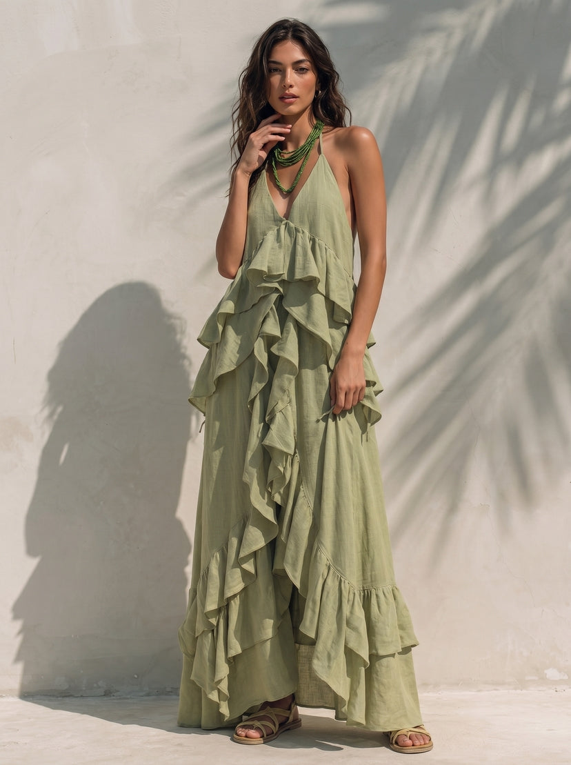 Ruffle Details Linen Layered Maxi Dress