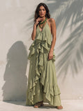 Ruffle Details Linen Layered Maxi Dress