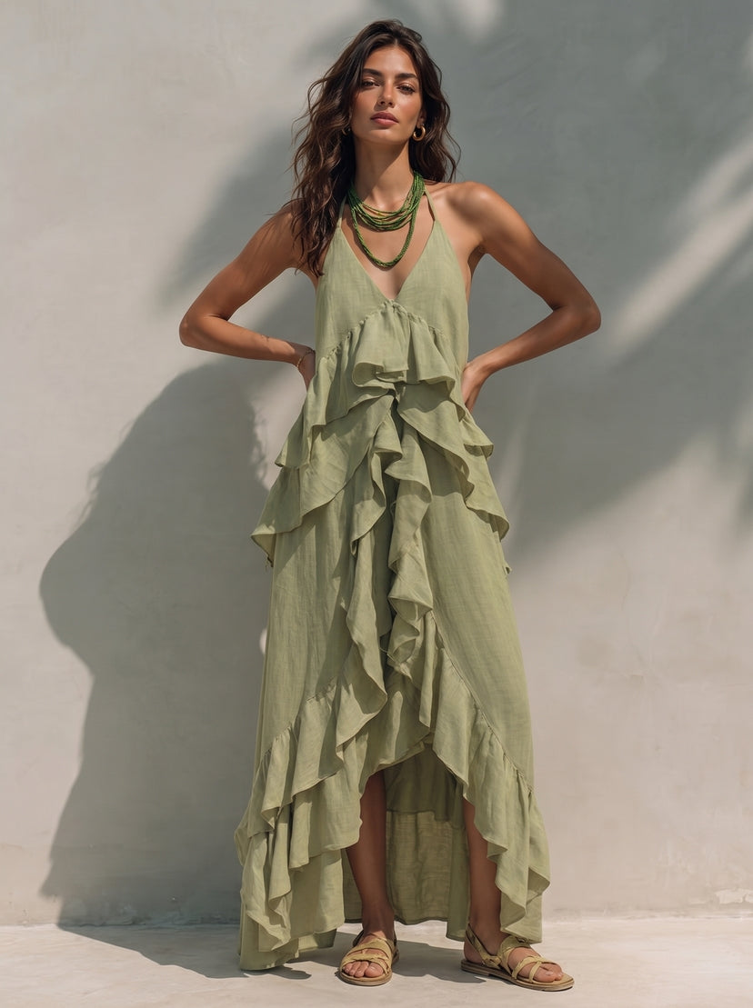 Ruffle Details Linen Layered Maxi Dress