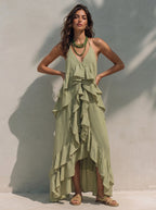 Maxikleid aus Leinen mit Rüschen und Lagenlook