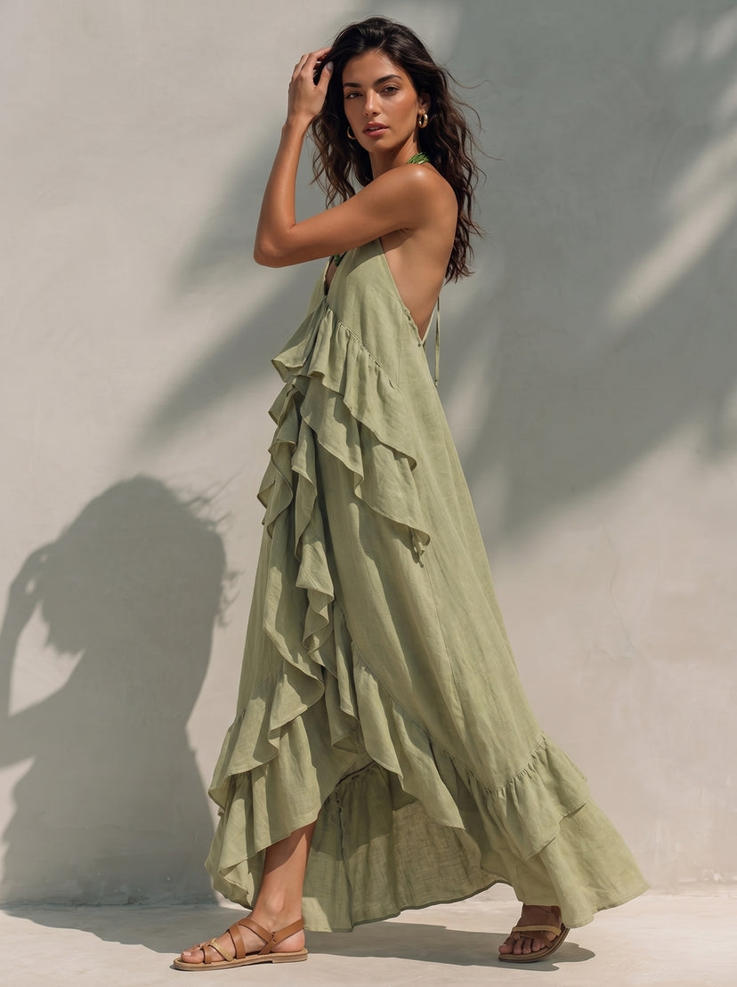 Ruffle Details Linen Layered Maxi Dress