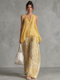 Chiffon Sleeveless V-Neck Top with Zebra Print Wide Leg Pants Set