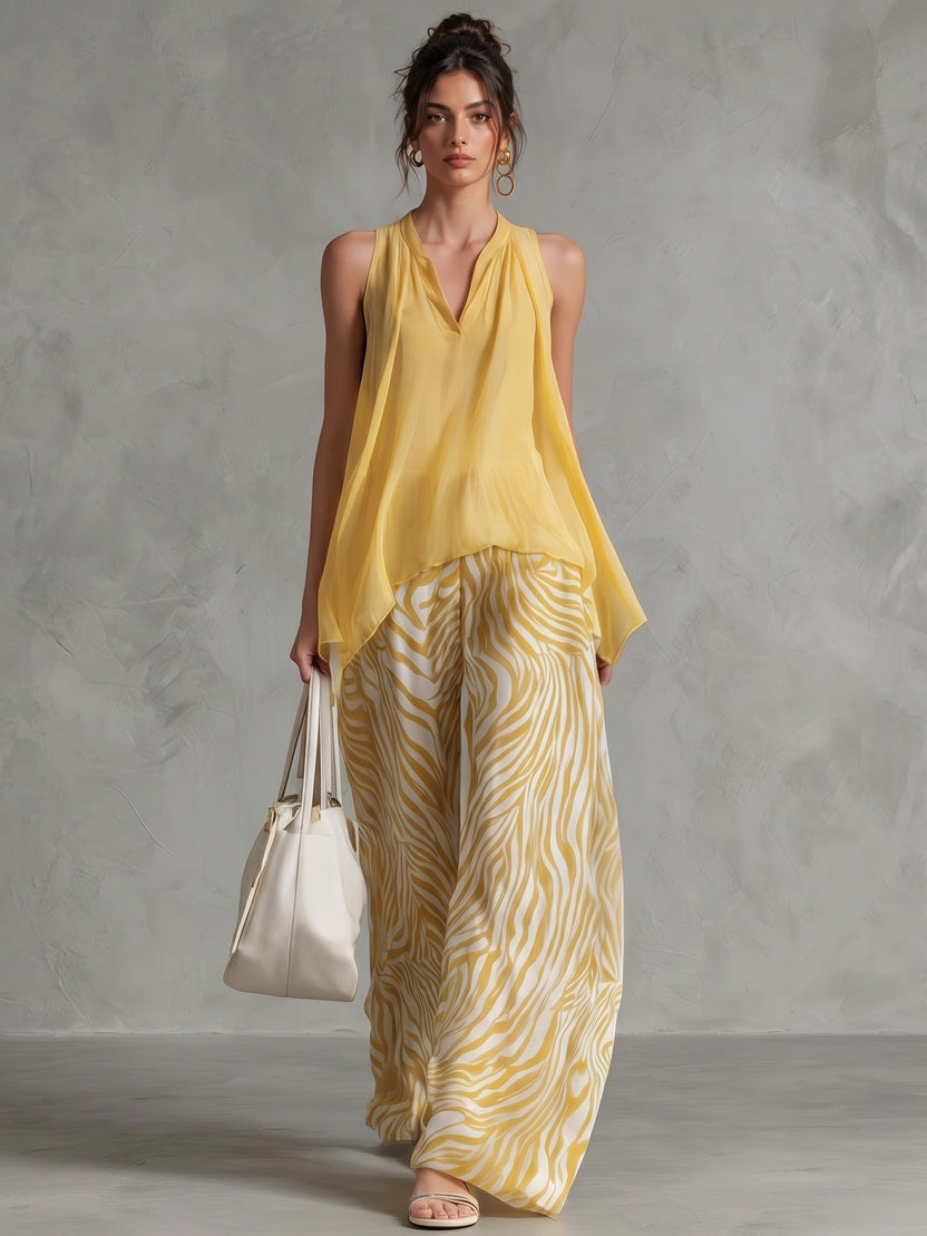 Chiffon Sleeveless V-Neck Top with Zebra Print Wide Leg Pants Set