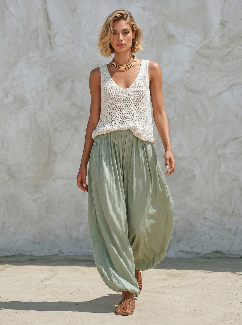 Cotton Blend Crochet Sleeveless Top with Flowy Harem Pants Set