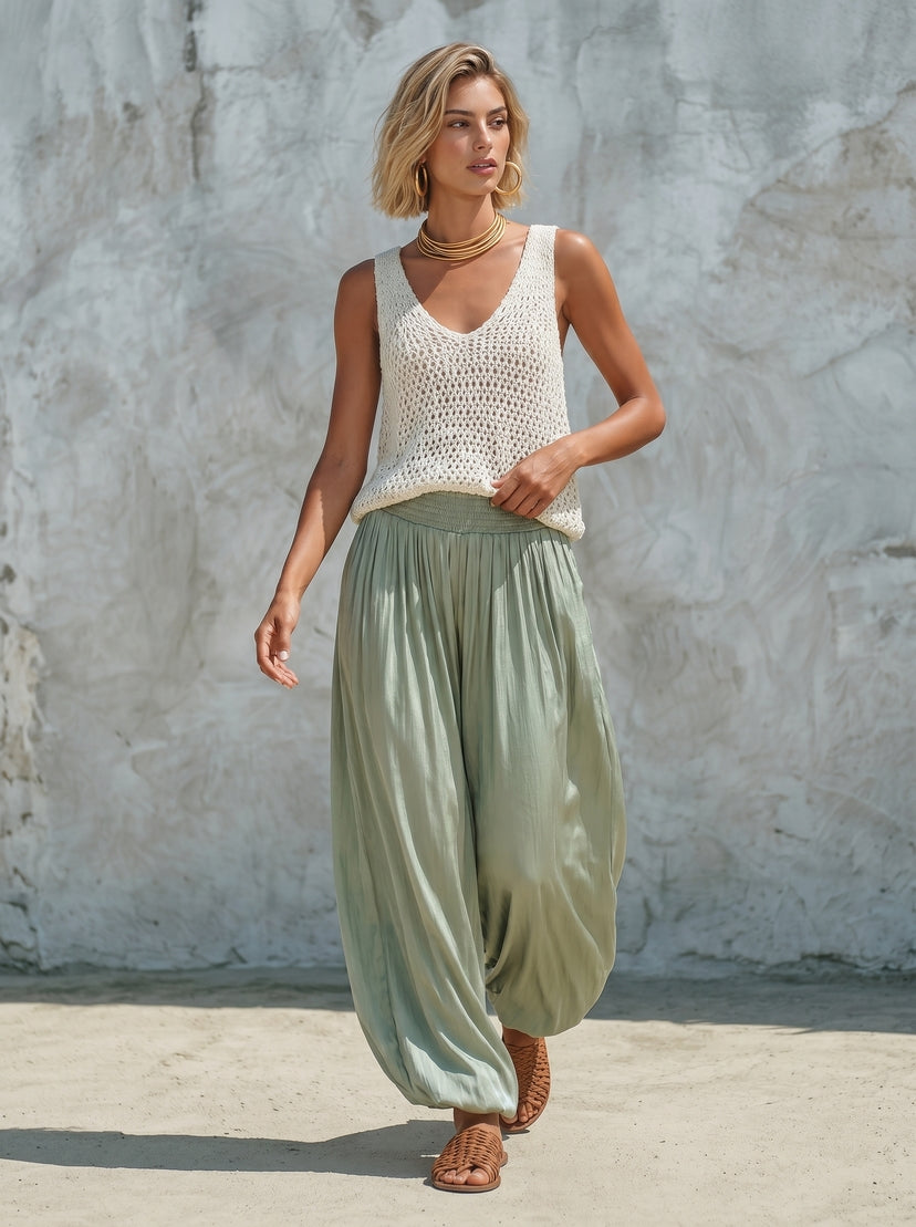 Cotton Blend Crochet Sleeveless Top with Flowy Harem Pants Set