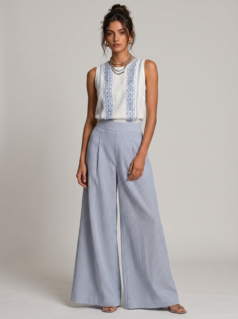 Cotton Linen Sleeveless Embroidered Top with Striped Wide Leg Pants Set for Women Summer Boho Casual Outfit