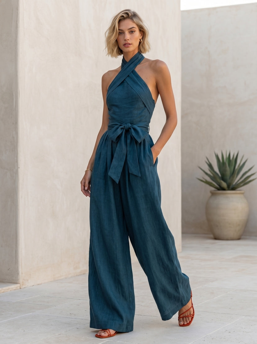 Halter Wrap Tie Waist Wide Leg Jumpsuit