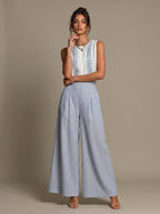 Baumwoll-Leinen-Ärmelloses Besticktes Oberteil mit Gestreifter Weitbeiniger Hose Set für Damen Sommer Boho Freizeit Outfit