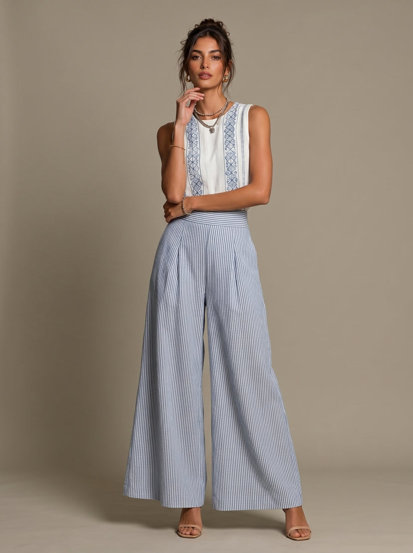 Cotton Linen Sleeveless Embroidered Top with Striped Wide Leg Pants Set for Women Summer Boho Casual Outfit