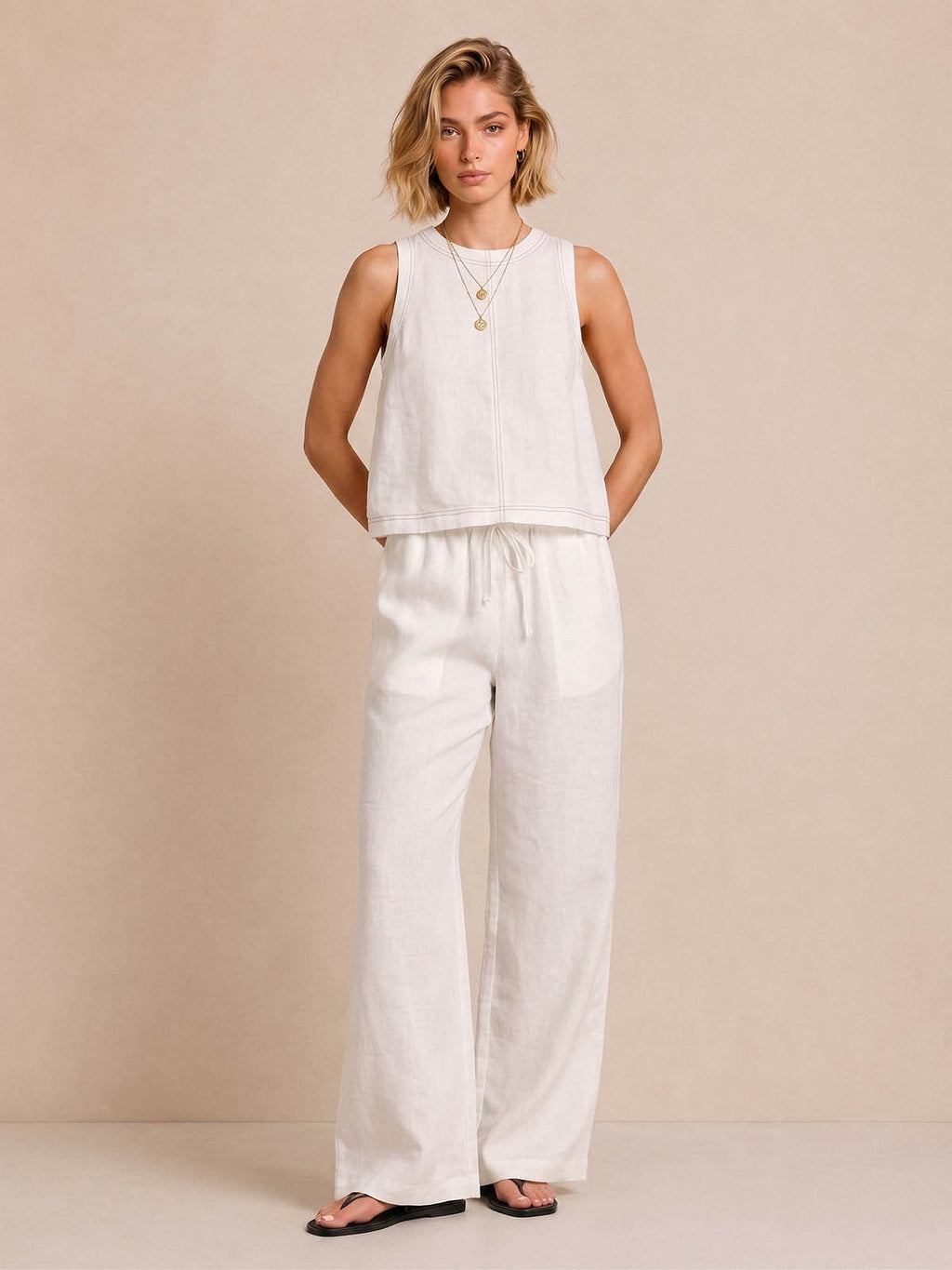 Linen-Blend Sleeveless Top & Wide-Leg Pants Set with Contrast Stitching