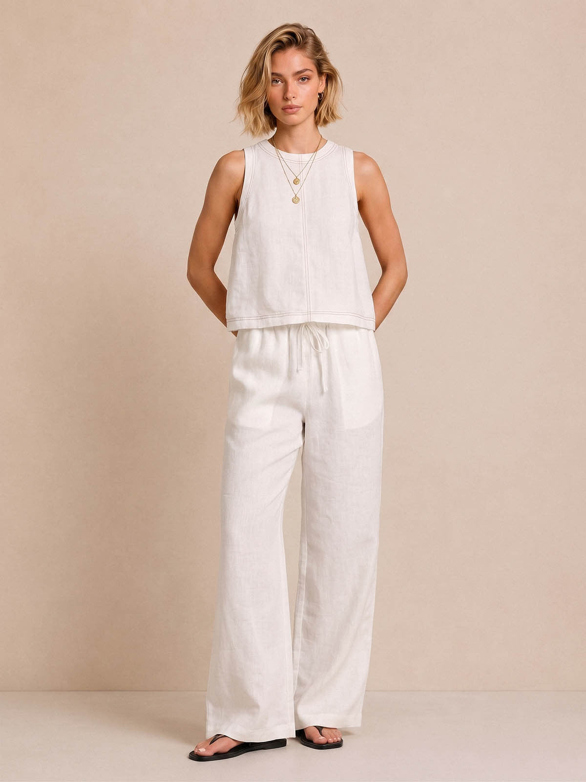 Linen-Blend Sleeveless Top & Wide-Leg Pants Set with Contrast Stitching