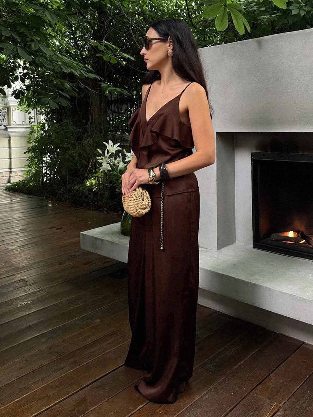 Ruffle V Neck Wide Leg Set