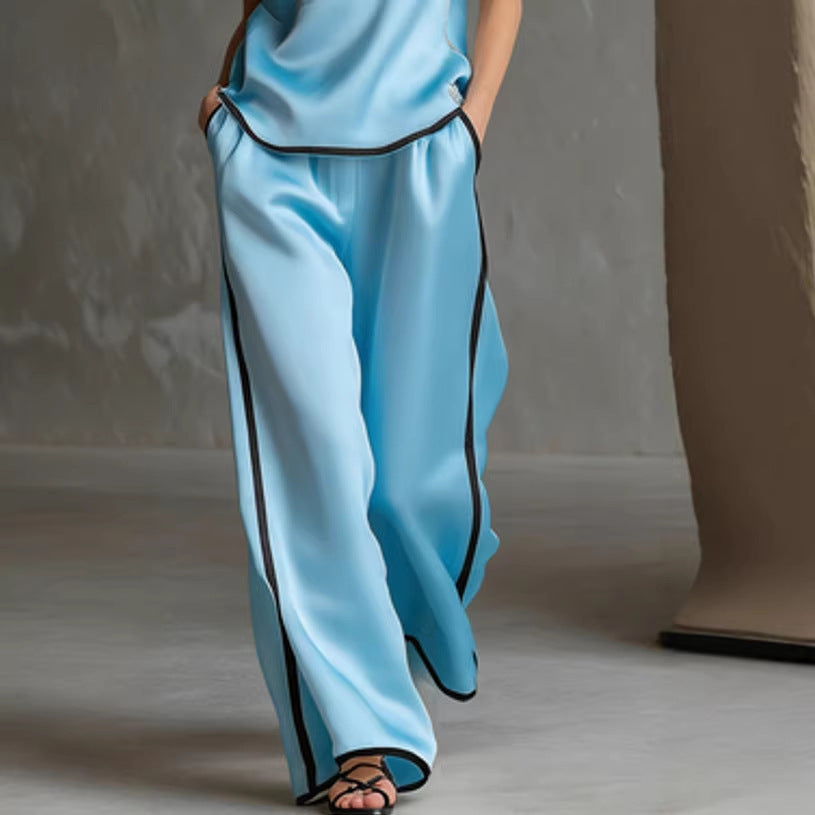 Contrast Trim Linen Sleeveless Top & Wide-Leg Pants Set