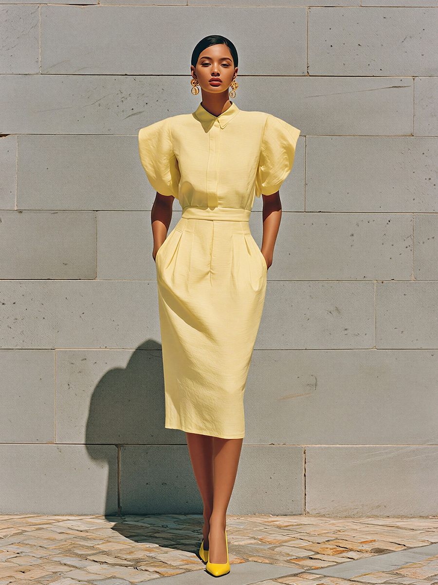 Cotton Linen Yellow Puff Sleeve Midi Dress with Collar and Belted Waist