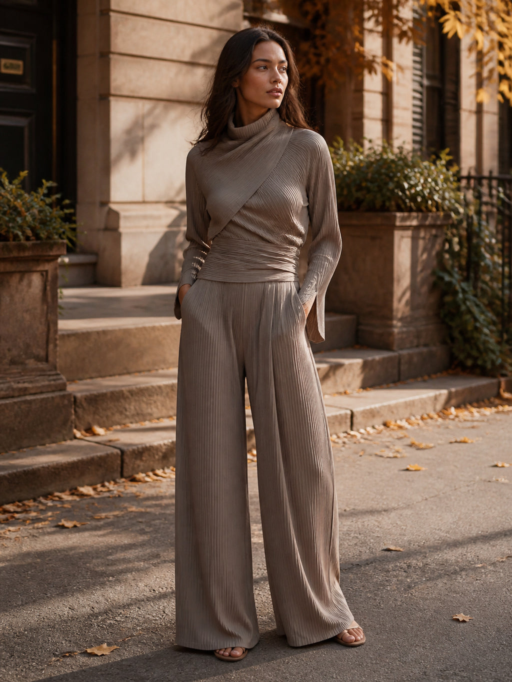 Ribbed Knit High-Neck Wrap Top Wide-Leg Set